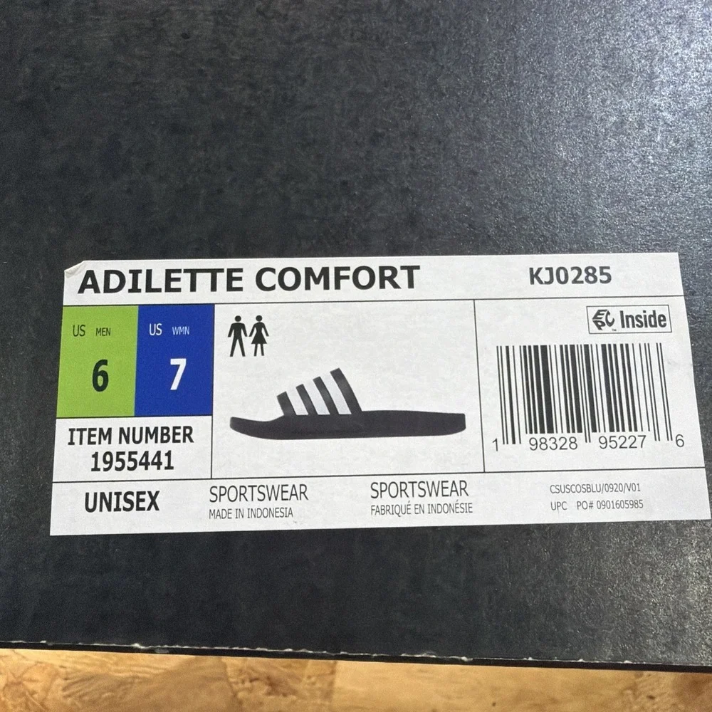 Adidas Adilette Comfort Slides - Navy /White Stripes - Men's 6- Women's 7